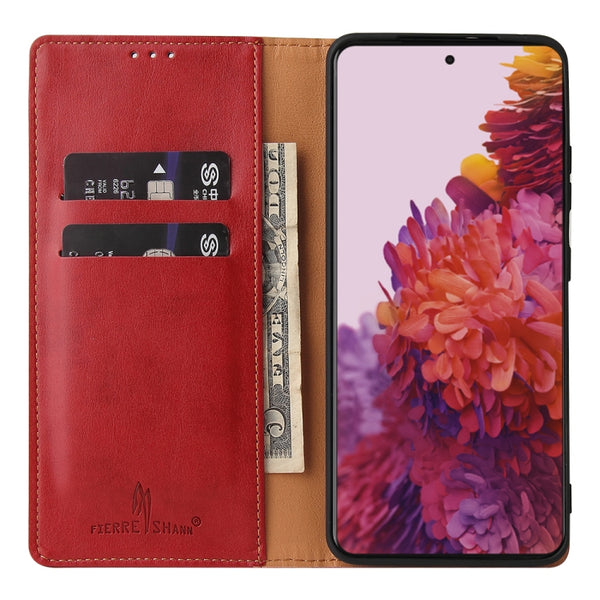 For Samsung Galaxy S21 Ultra 5G Fierre Shann PU Genuine Leather Texture Horizontal Flip Leat...(Red)