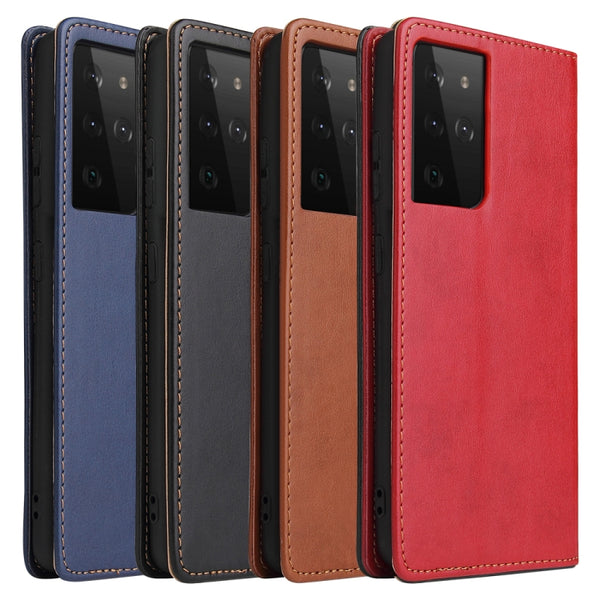 For Samsung Galaxy S21 Ultra 5G Fierre Shann PU Genuine Leather Texture Horizontal Flip Leat...(Red)