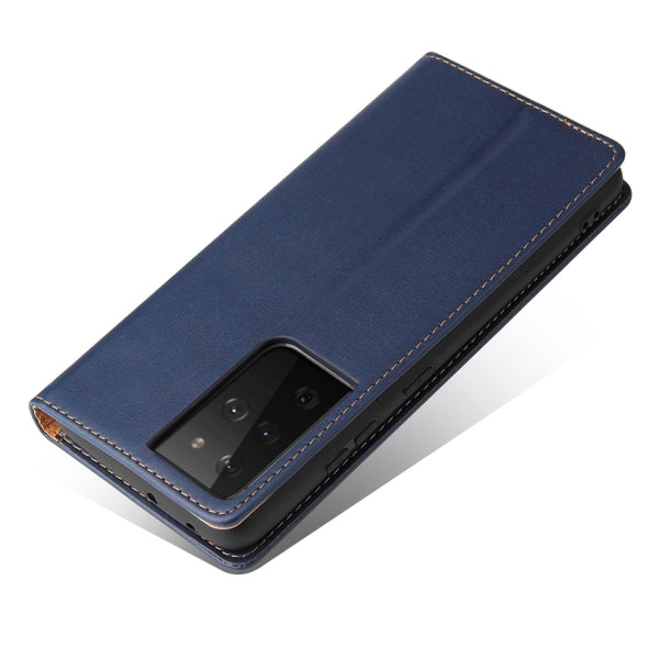 For Samsung Galaxy S21 Ultra 5G Fierre Shann PU Genuine Leather Texture Horizontal Flip Lea...(Blue)