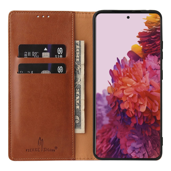For Samsung Galaxy S21 Ultra 5G Fierre Shann PU Genuine Leather Texture Horizontal Flip Le...(Brown)