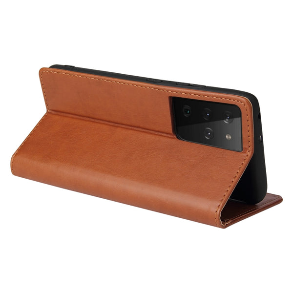 For Samsung Galaxy S21 Ultra 5G Fierre Shann PU Genuine Leather Texture Horizontal Flip Le...(Brown)