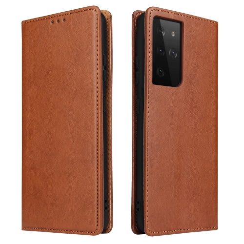 For Samsung Galaxy S21 Ultra 5G Fierre Shann PU Genuine Leather Texture Horizontal Flip Le...(Brown)