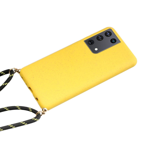 For Samsung Galaxy S21 Ultra 5G Wheat Straw Material TPU Protective Case with Lanyard(Yellow)