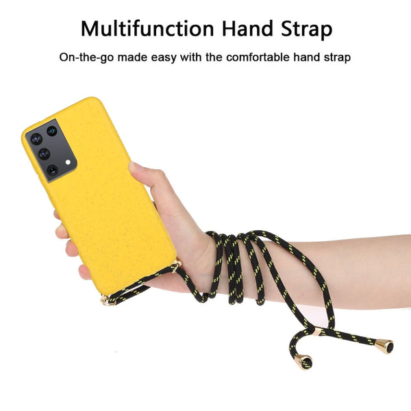 For Samsung Galaxy S21 Ultra 5G Wheat Straw Material TPU Protective Case with Lanyard(Yellow)
