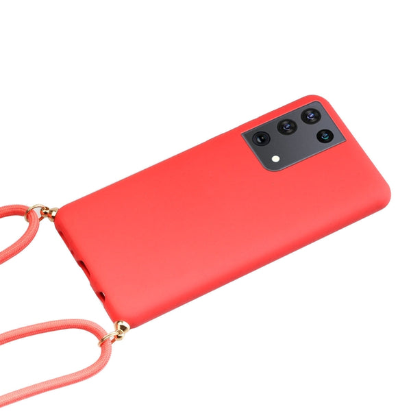 For Samsung Galaxy S21 Ultra 5G Wheat Straw Material TPU Protective Case with Lanyard(Red)