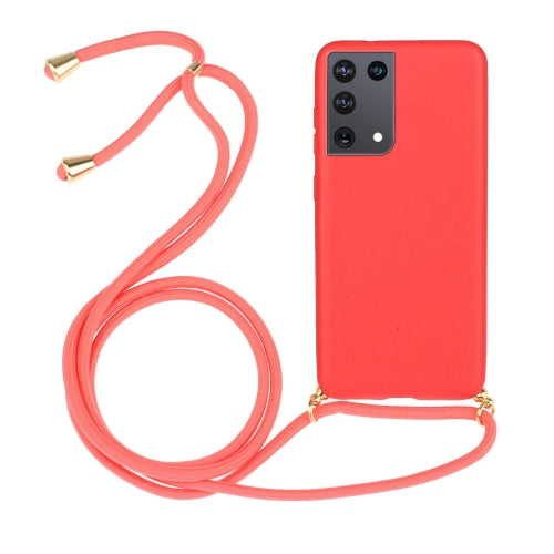 For Samsung Galaxy S21 Ultra 5G Wheat Straw Material TPU Protective Case with Lanyard(Red)