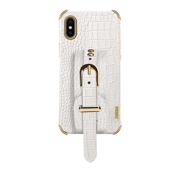 For iPhone X XS Electroplated TPU Crocodile Pattern Leather Case with Wrist Strap(White)