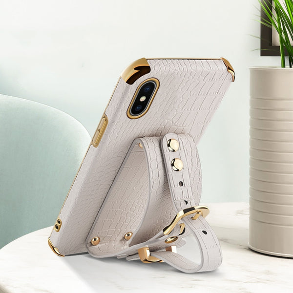 For iPhone X XS Electroplated TPU Crocodile Pattern Leather Case with Wrist Strap(White)