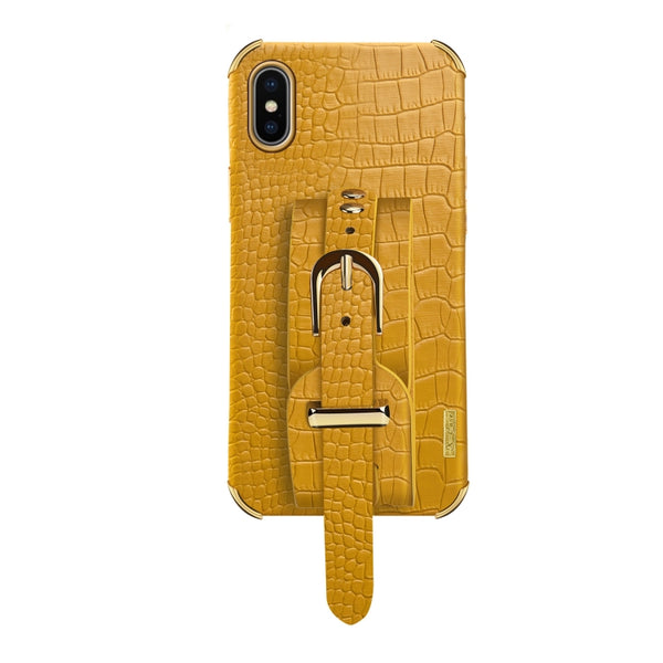 For iPhone X XS Electroplated TPU Crocodile Pattern Leather Case with Wrist Strap(Yellow)