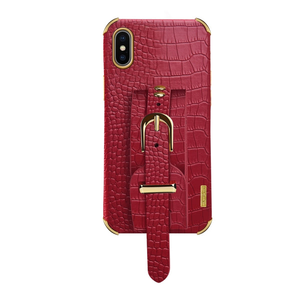 For iPhone X XS Electroplated TPU Crocodile Pattern Leather Case with Wrist Strap(Red)