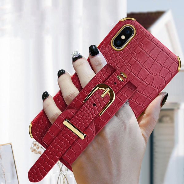 For iPhone X XS Electroplated TPU Crocodile Pattern Leather Case with Wrist Strap(Red)