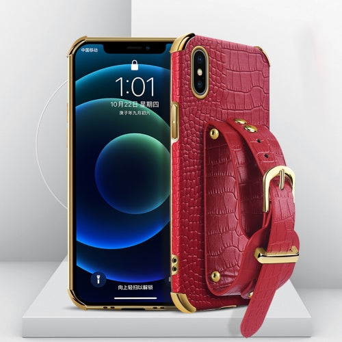 For iPhone X XS Electroplated TPU Crocodile Pattern Leather Case with Wrist Strap(Red)