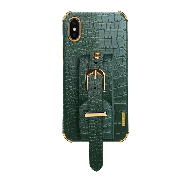 For iPhone X XS Electroplated TPU Crocodile Pattern Leather Case with Wrist Strap(Green)