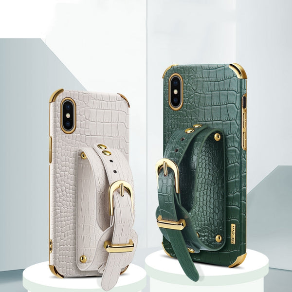 For iPhone X XS Electroplated TPU Crocodile Pattern Leather Case with Wrist Strap(Green)