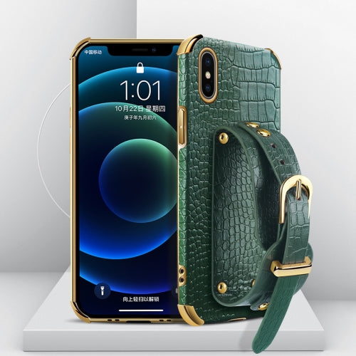 For iPhone X XS Electroplated TPU Crocodile Pattern Leather Case with Wrist Strap(Green)