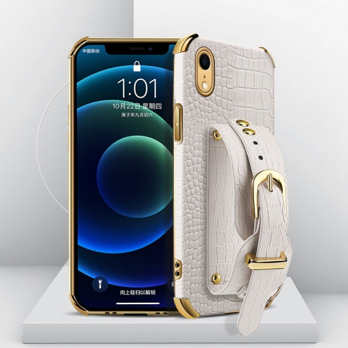For iPhone XR Electroplated TPU Crocodile Pattern Leather Case with Wrist Strap(White)