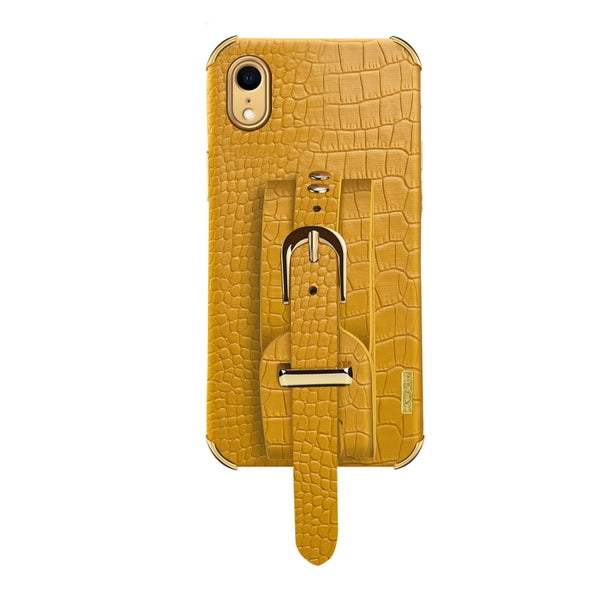 For iPhone XR Electroplated TPU Crocodile Pattern Leather Case with Wrist Strap(Yellow)