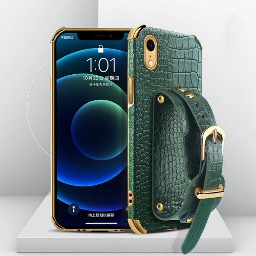 For iPhone XR Electroplated TPU Crocodile Pattern Leather Case with Wrist Strap(Green)