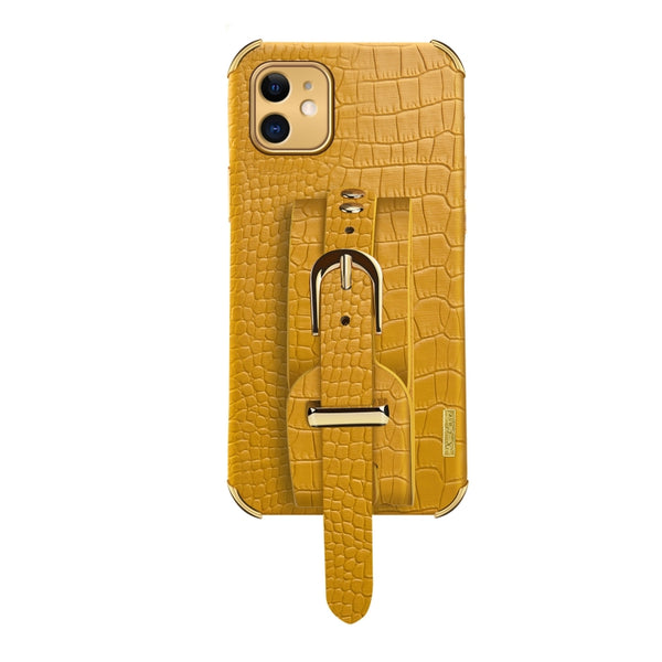 For iPhone 11 Electroplated TPU Crocodile Pattern Leather Case with Wrist Strap (Yellow)