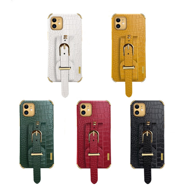 For iPhone 11 Electroplated TPU Crocodile Pattern Leather Case with Wrist Strap (Yellow)