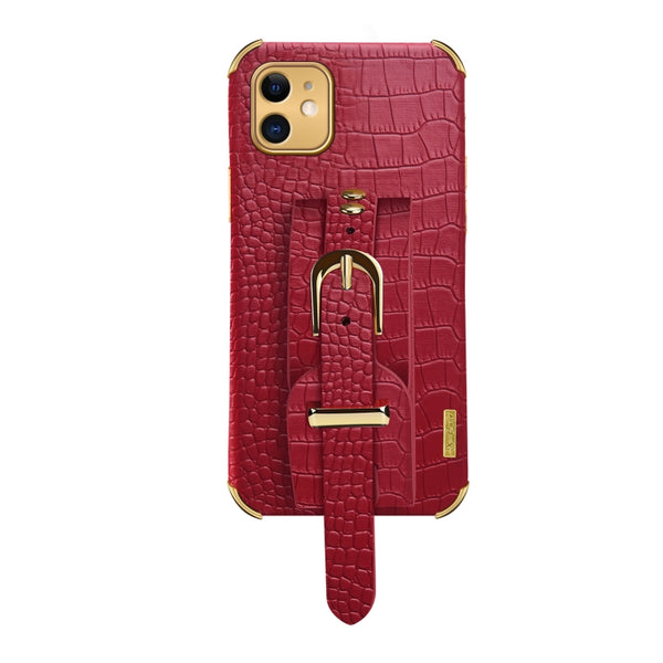 For iPhone 11 Electroplated TPU Crocodile Pattern Leather Case with Wrist Strap (Red)