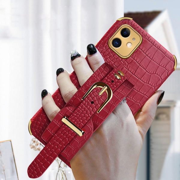 For iPhone 11 Electroplated TPU Crocodile Pattern Leather Case with Wrist Strap (Red)