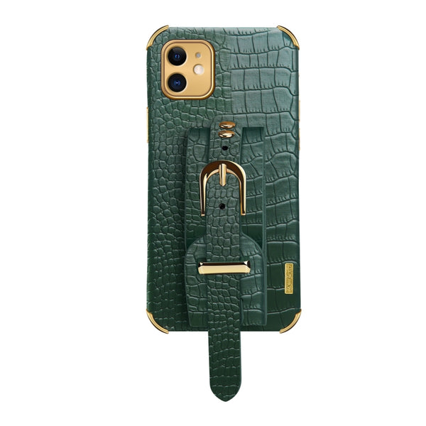 For iPhone 11 Electroplated TPU Crocodile Pattern Leather Case with Wrist Strap (Green)