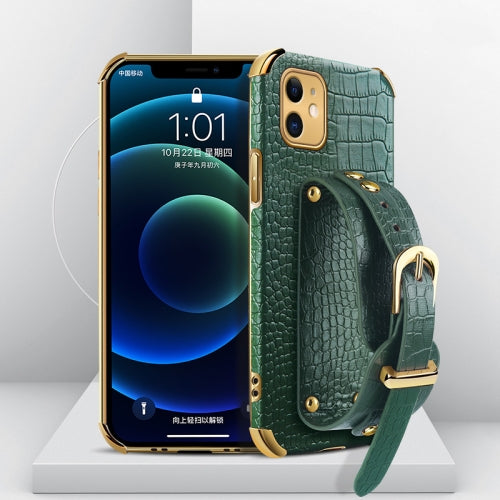 For iPhone 11 Electroplated TPU Crocodile Pattern Leather Case with Wrist Strap (Green)