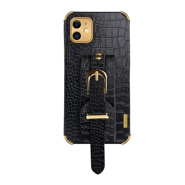 For iPhone 11 Electroplated TPU Crocodile Pattern Leather Case with Wrist Strap (Black)