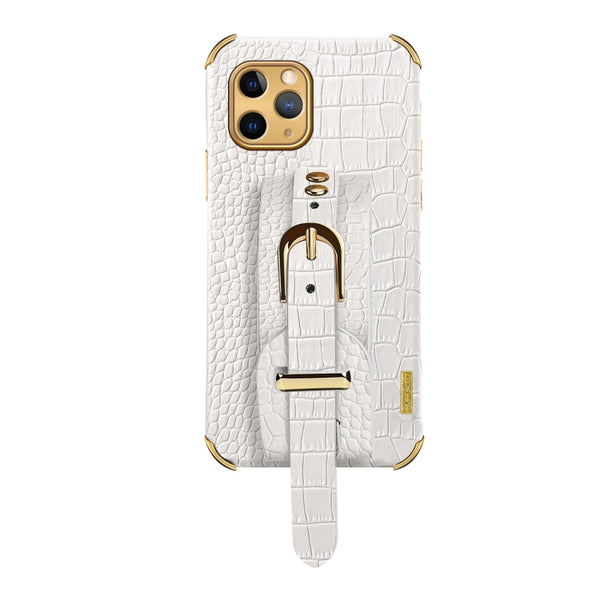 For iPhone 11 Pro Max Electroplated TPU Crocodile Pattern Leather Case with Wrist Strap (White)