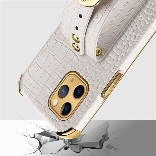 For iPhone 11 Pro Max Electroplated TPU Crocodile Pattern Leather Case with Wrist Strap (White)