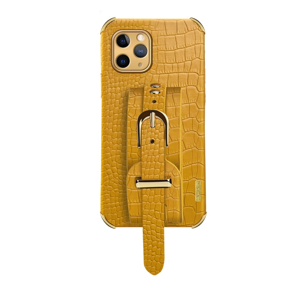 For iPhone 11 Pro Max Electroplated TPU Crocodile Pattern Leather Case with Wrist Strap (Yellow)