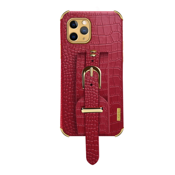 For iPhone 11 Pro Max Electroplated TPU Crocodile Pattern Leather Case with Wrist Strap (Red)