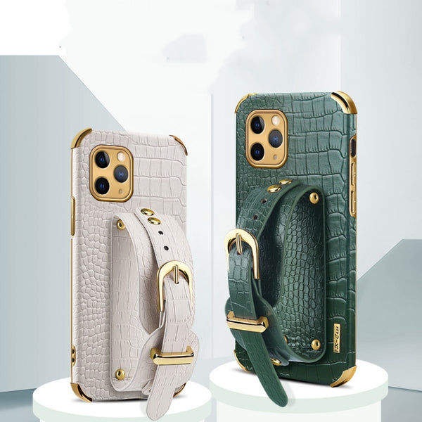 For iPhone 11 Pro Max Electroplated TPU Crocodile Pattern Leather Case with Wrist Strap (Green)