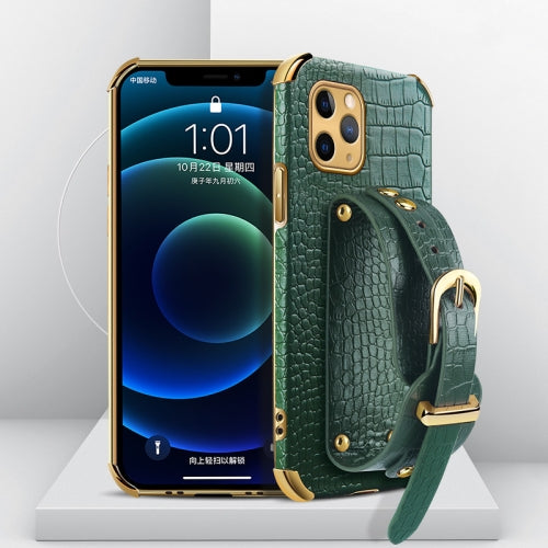 For iPhone 11 Pro Max Electroplated TPU Crocodile Pattern Leather Case with Wrist Strap (Green)