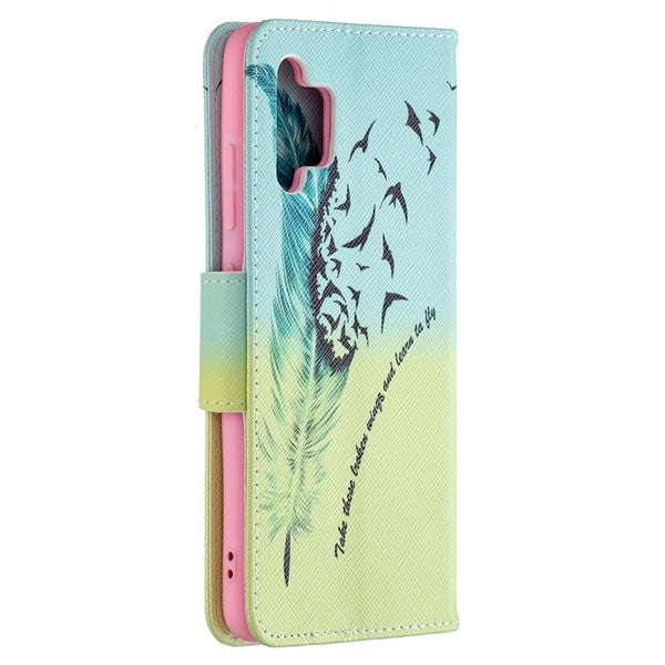 For Samsung Galaxy A32 4G Colored Drawing Pattern Horizontal Flip Leather Case with Hold...(Feather)