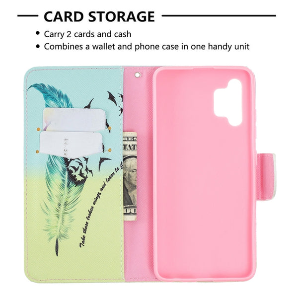 For Samsung Galaxy A32 4G Colored Drawing Pattern Horizontal Flip Leather Case with Hold...(Feather)