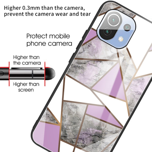 For Xiaomi Mi 11 Lite Abstract Marble Pattern Glass Protective Case(Rhombus Gray Purple)