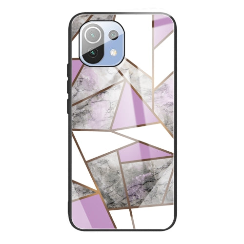 For Xiaomi Mi 11 Lite Abstract Marble Pattern Glass Protective Case(Rhombus Gray Purple)