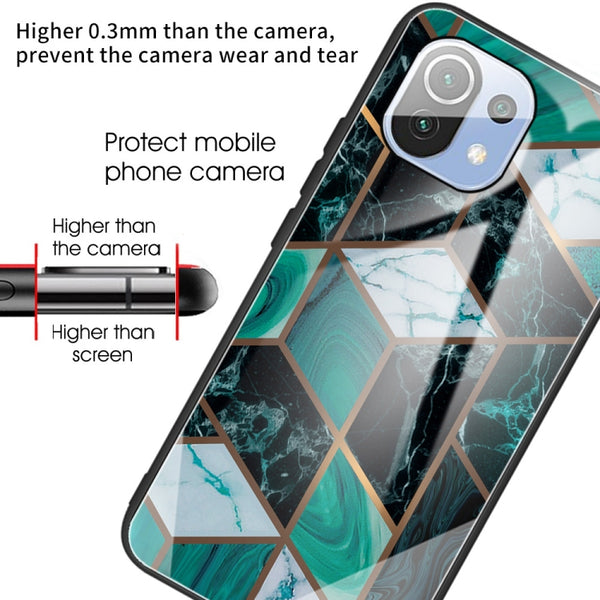 For Xiaomi Mi 11 Lite Abstract Marble Pattern Glass Protective Case(Rhombus Dark Green)