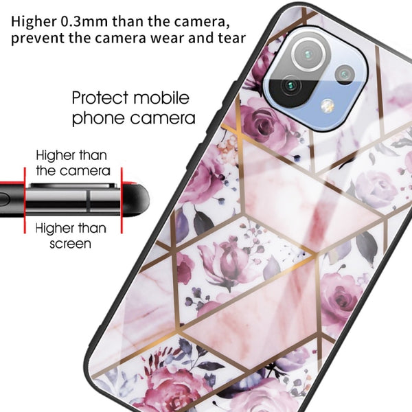 For Xiaomi Mi 11 Lite Abstract Marble Pattern Glass Protective Case(Rhombus Rose)