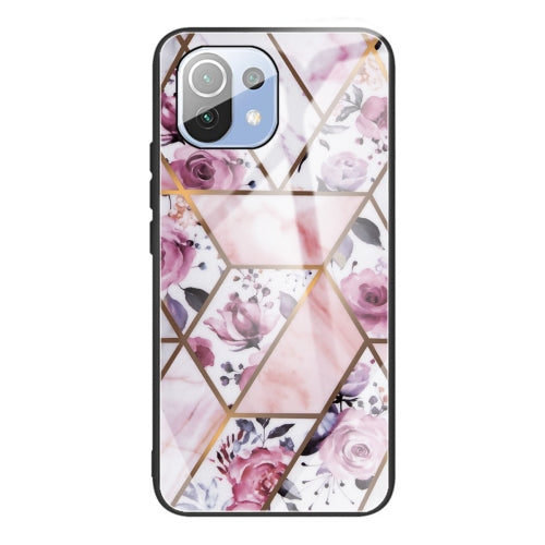 For Xiaomi Mi 11 Lite Abstract Marble Pattern Glass Protective Case(Rhombus Rose)