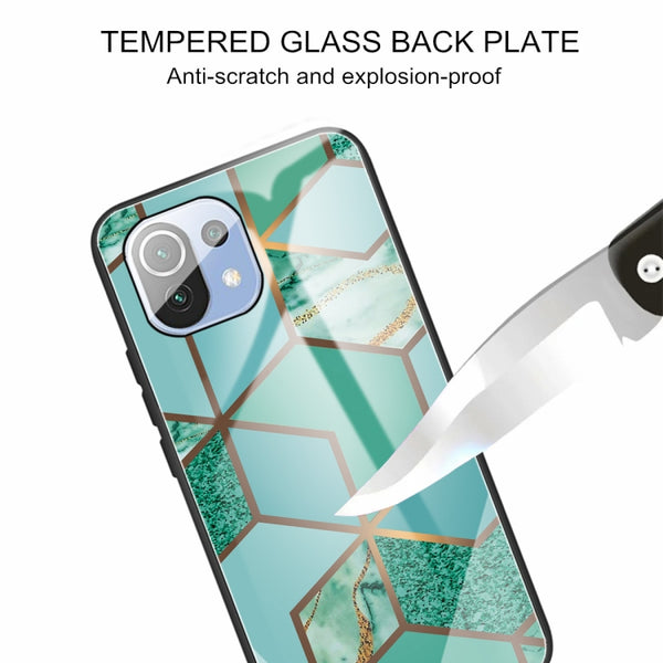 For Xiaomi Mi 11 Lite Abstract Marble Pattern Glass Protective Case(Rhombus Green)