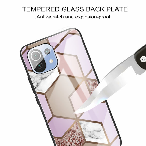 For Xiaomi Mi 11 Lite Abstract Marble Pattern Glass Protective Case(Rhombus Orange Purple)