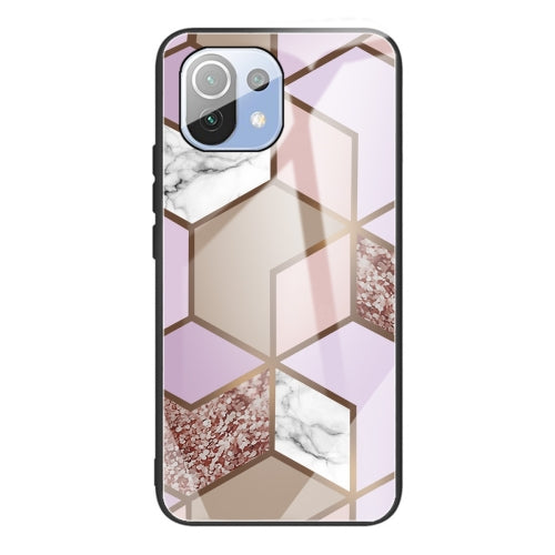 For Xiaomi Mi 11 Lite Abstract Marble Pattern Glass Protective Case(Rhombus Orange Purple)