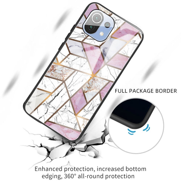 For Xiaomi Mi 11 Lite Abstract Marble Pattern Glass Protective Case(Rhombus White Purple)