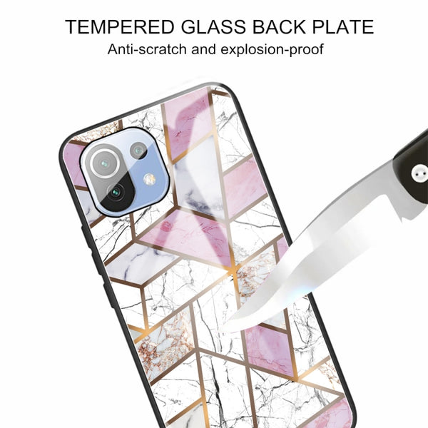 For Xiaomi Mi 11 Lite Abstract Marble Pattern Glass Protective Case(Rhombus White Purple)