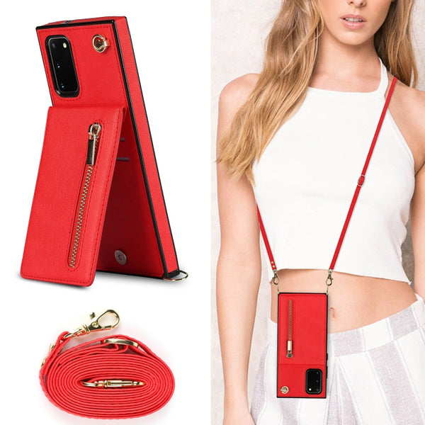 For Samsung Galaxy S20 FE 5G Cross-body Zipper Square TPU PU Back Cover Case with Holder & C...(Red)