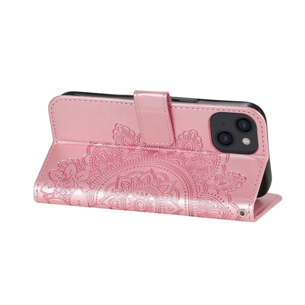 For iPhone 13 7-petal Flowers Embossing Pattern Horizontal Flip PU Leather Case with H...(Rose Gold)