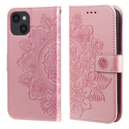 For iPhone 13 7-petal Flowers Embossing Pattern Horizontal Flip PU Leather Case with H...(Rose Gold)